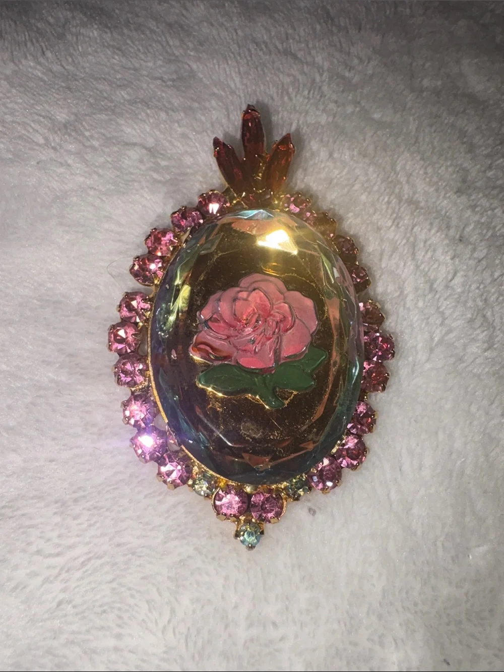 VINTAGE JULIANA RHINESTONE ROSE AZALEA INTAGLIO REVERSE CARVED PIN BROOCH 60/70s